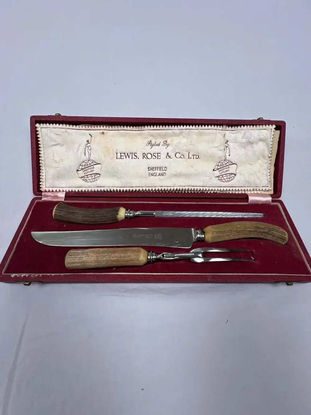 Lewis, Rose & Co. Ltd. Sheffield England Real Stag Horn Carving Set in Box